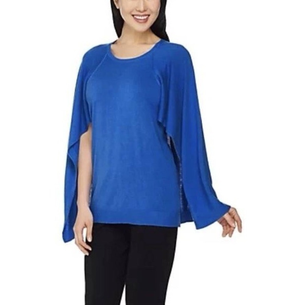 H by Halston Royal Blue Cape Sleeve Knit Sweater Top Elegant Sz‎ XXS / #1166